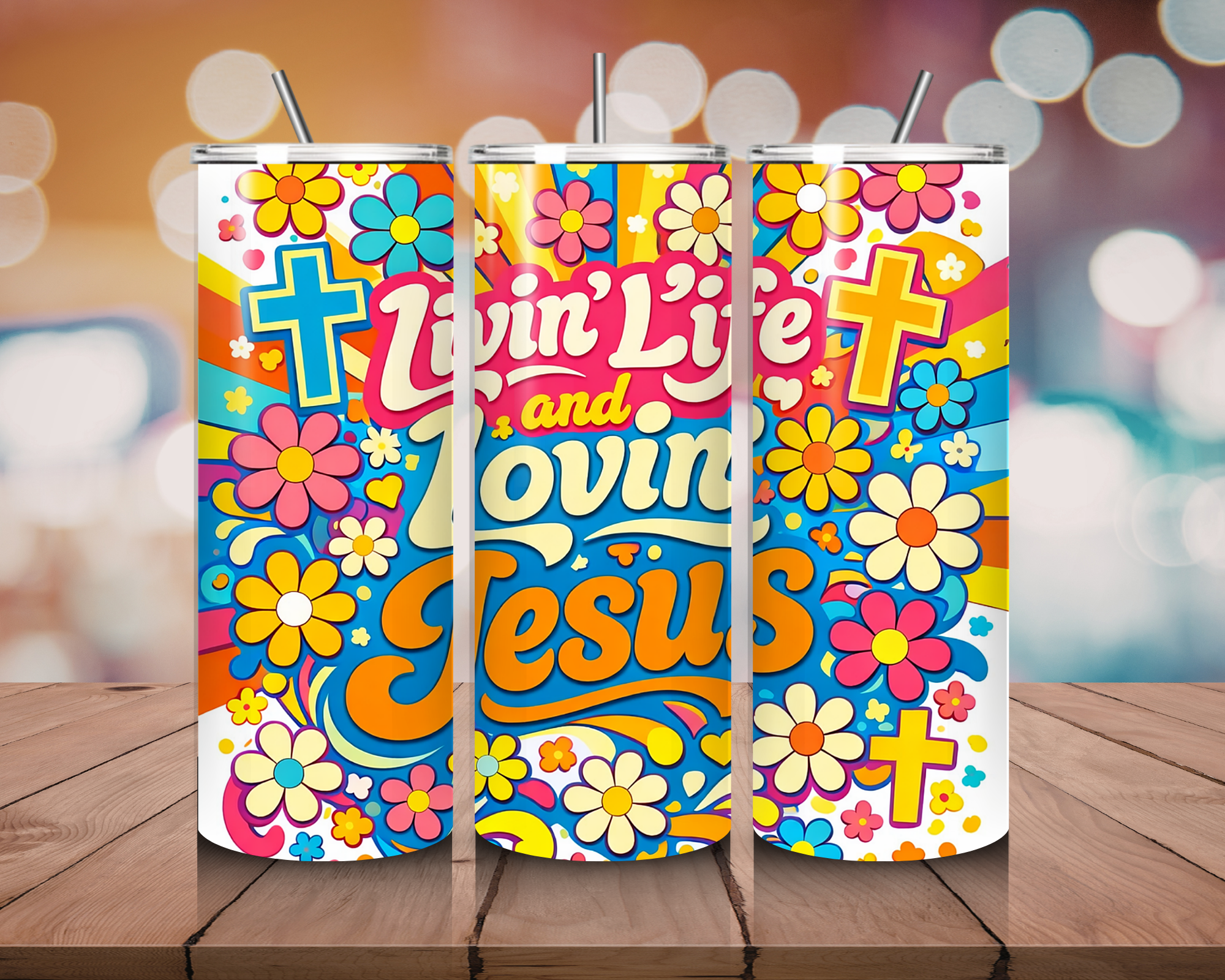 Livin’ Life and Lovin’ Jesus 20oz Tumbler – Retro Christian Rainbow Floral Stainless Steel Travel Cup – Hippie Faith Coffee Tumbler
