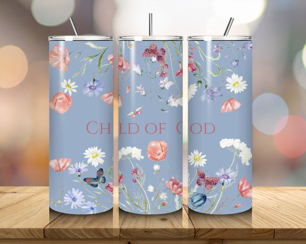 Child of God Floral 20oz Christian Tumbler – Faith Wildflower Stainless Steel Cup – Christian Gift for Women – Blue or White Floral Tumbler with Straw