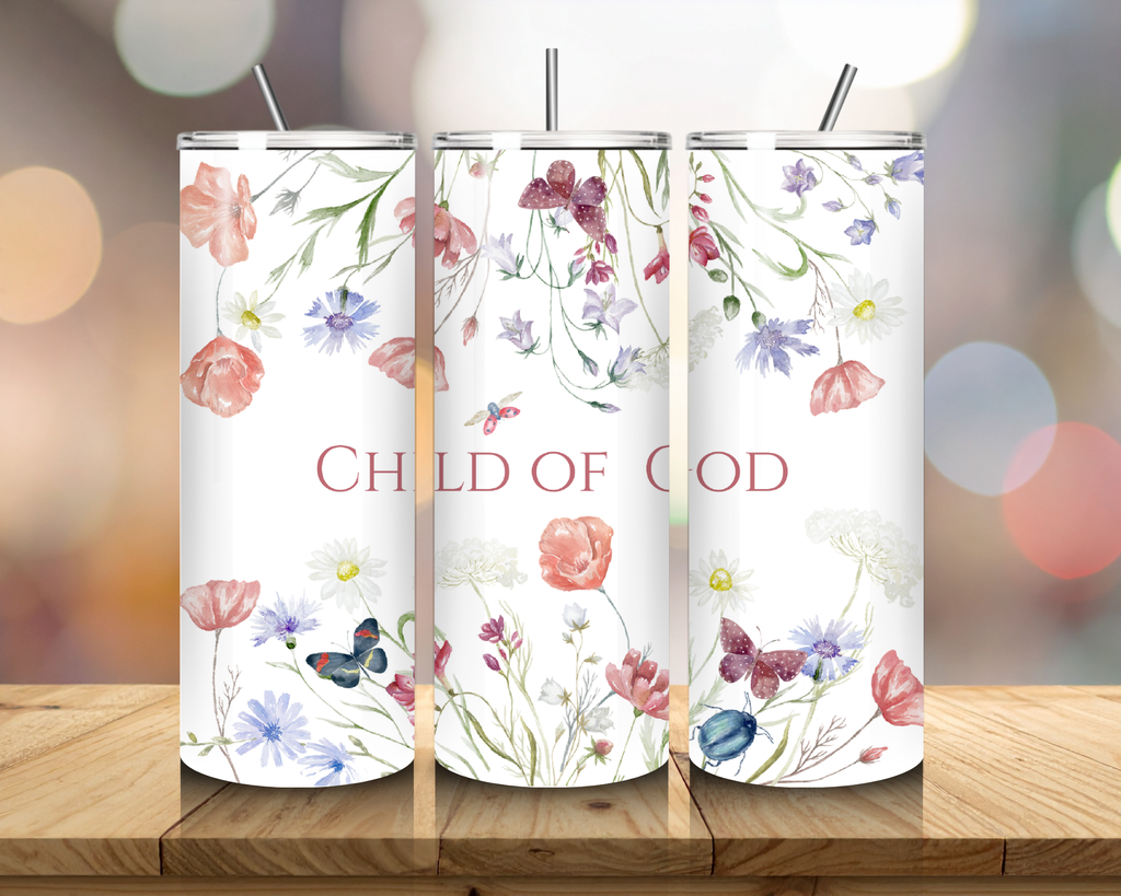 Child of God Floral 20oz Christian Tumbler – Faith Wildflower Stainless Steel Cup – Christian Gift for Women – Blue or White Floral Tumbler with Straw