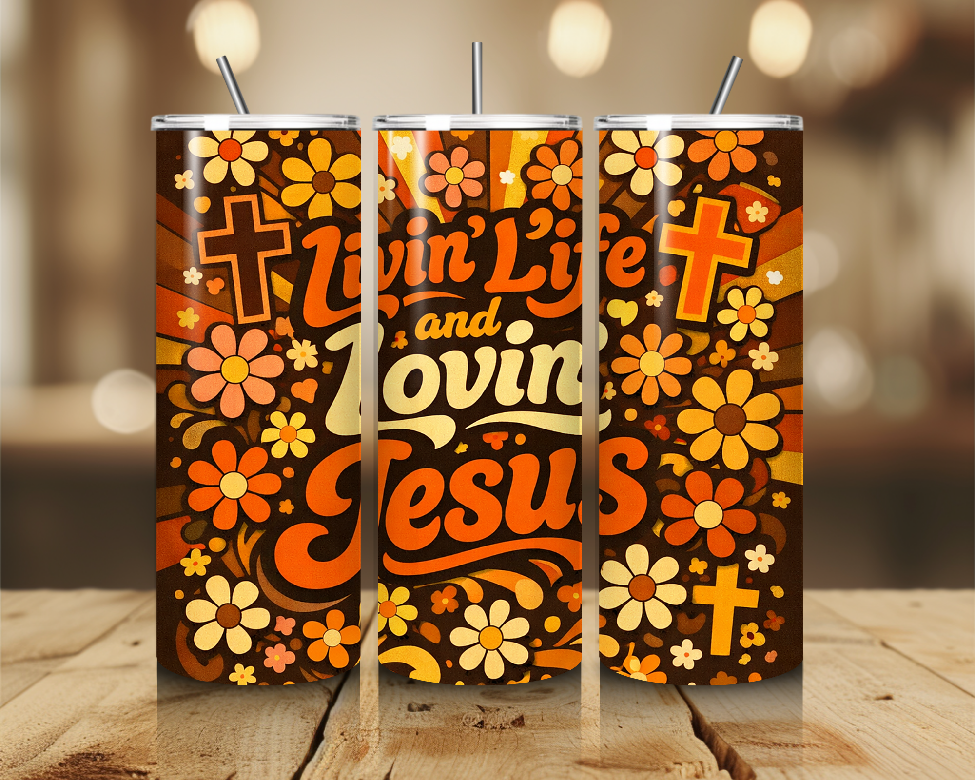 Livin’ Life and Lovin’ Jesus 20oz Tumbler – Retro Christian Rainbow Floral Stainless Steel Travel Cup – Hippie Faith Coffee Tumbler