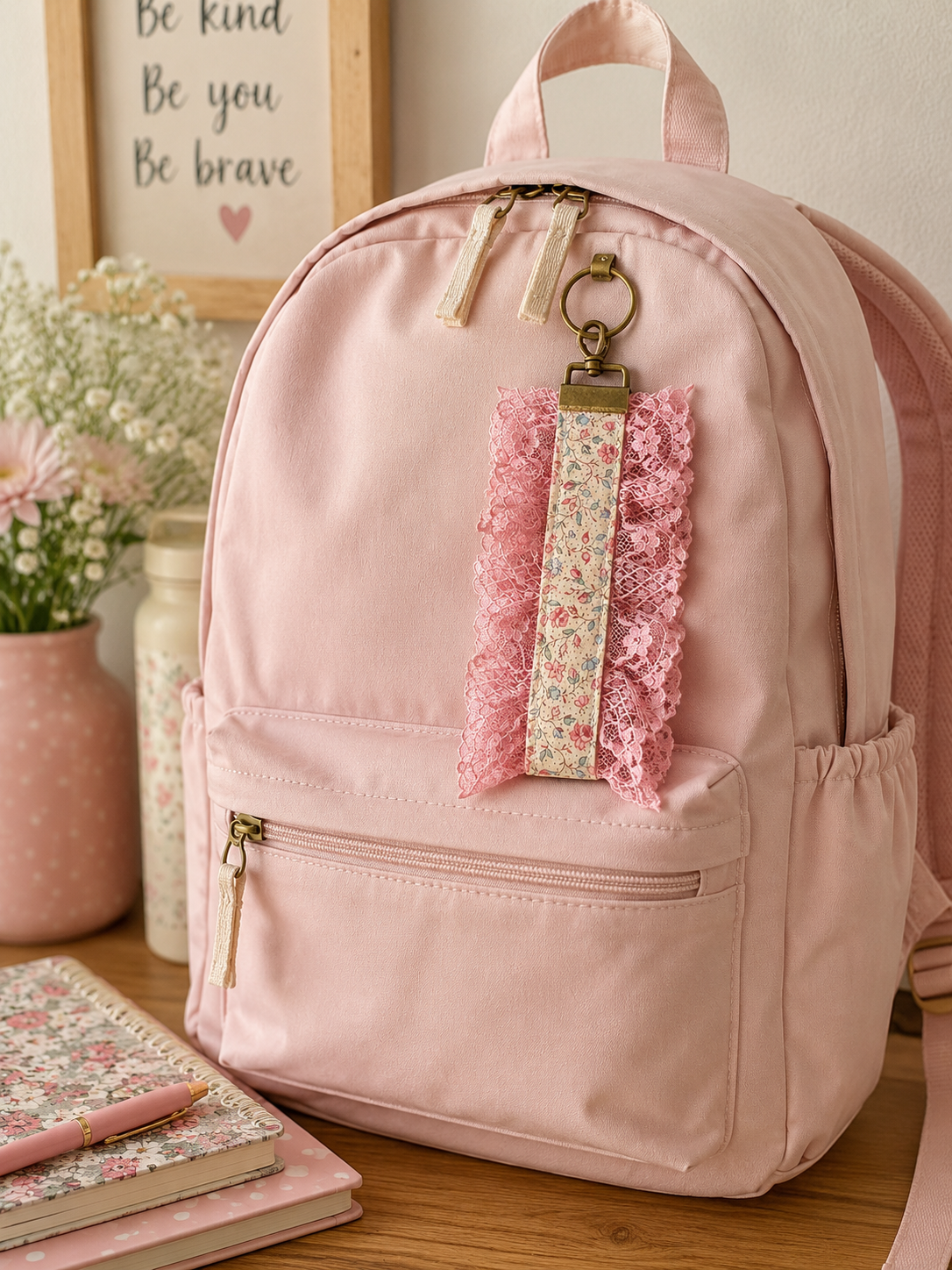 Lace Trimmed Floral Keychain | Pink Lace Backpack Charm | Handmade Fabric Bag Charm | Vintage Inspired Key Fob