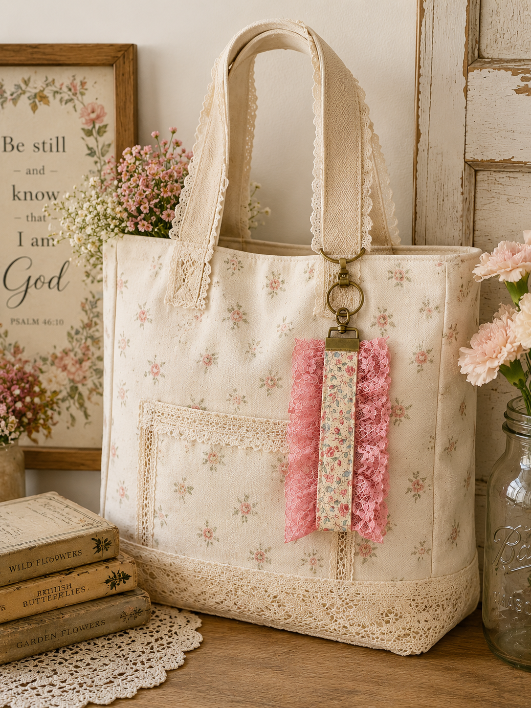 Lace Trimmed Floral Keychain | Pink Lace Backpack Charm | Handmade Fabric Bag Charm | Vintage Inspired Key Fob