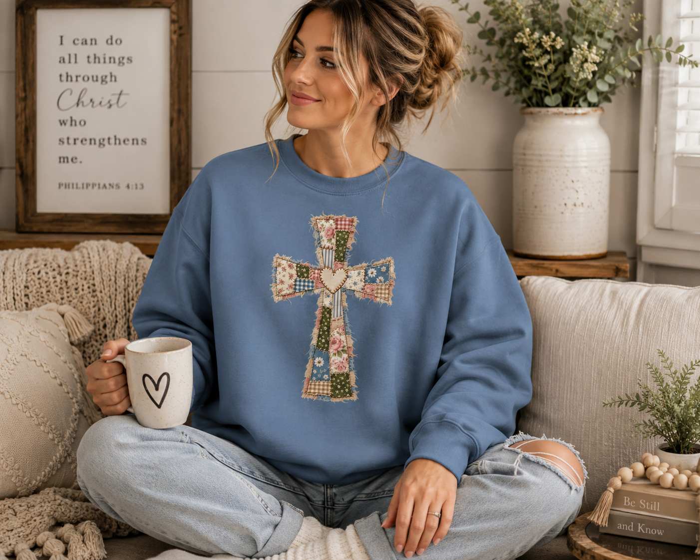 Vintage Patchwork Cross Crewneck Sweatshirt | 100% Cotton Christian Sweatshirt | Farmhouse Faith Pullover | Women’s Cozy Crewneck
