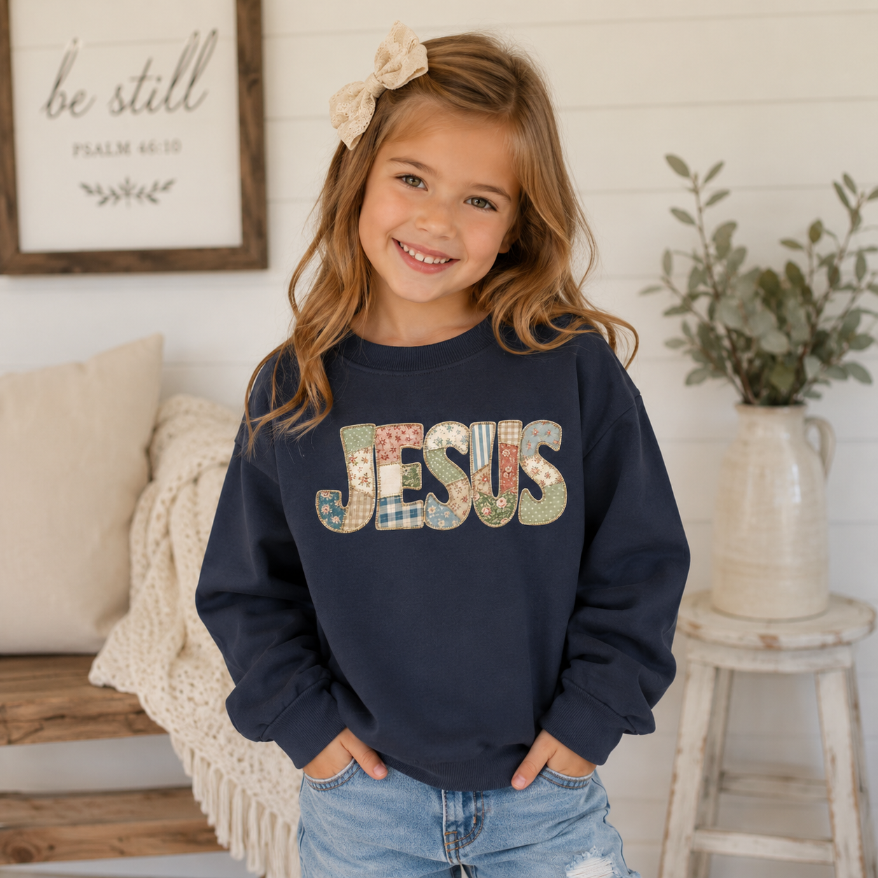 Girls “JESUS” Patchwork Crewneck Sweatshirt