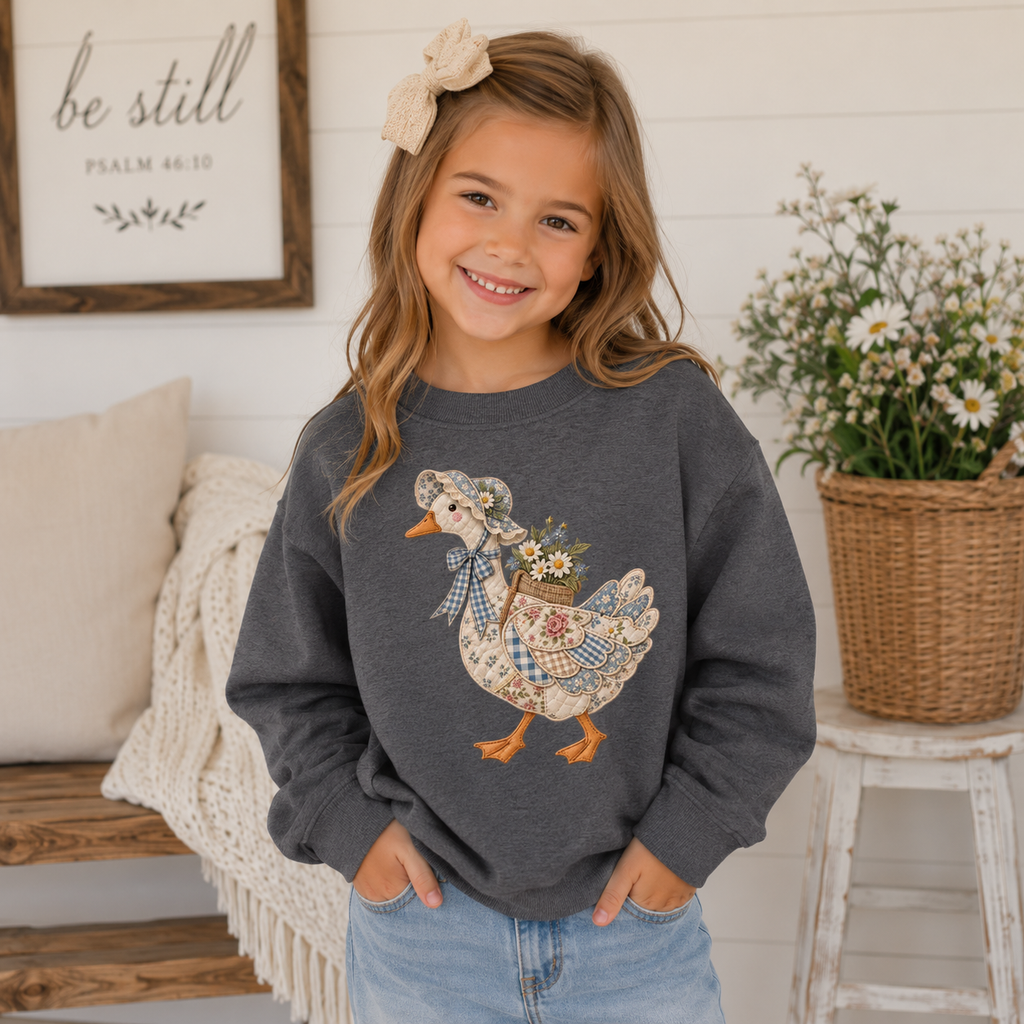 Girls Vintage Patchwork Goose Crewneck Sweatshirt