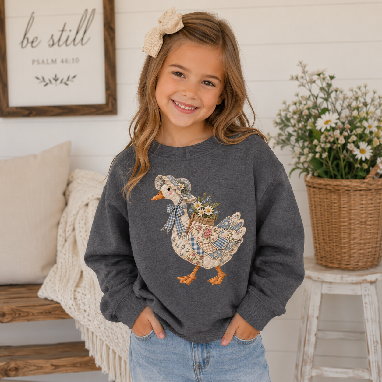 Girls Vintage Patchwork Goose Crewneck Sweatshirt