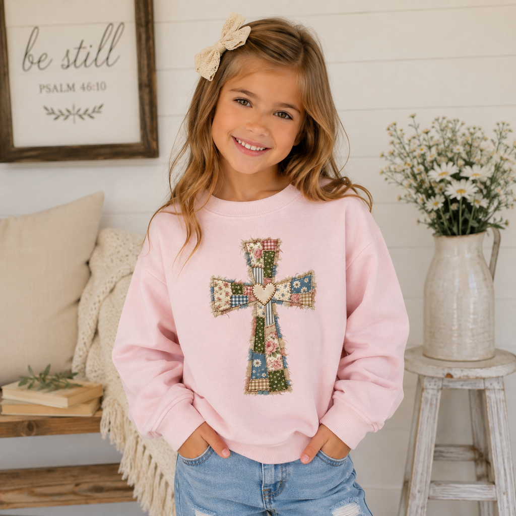 Girls Vintage Patchwork Cross Crewneck Sweatshirt