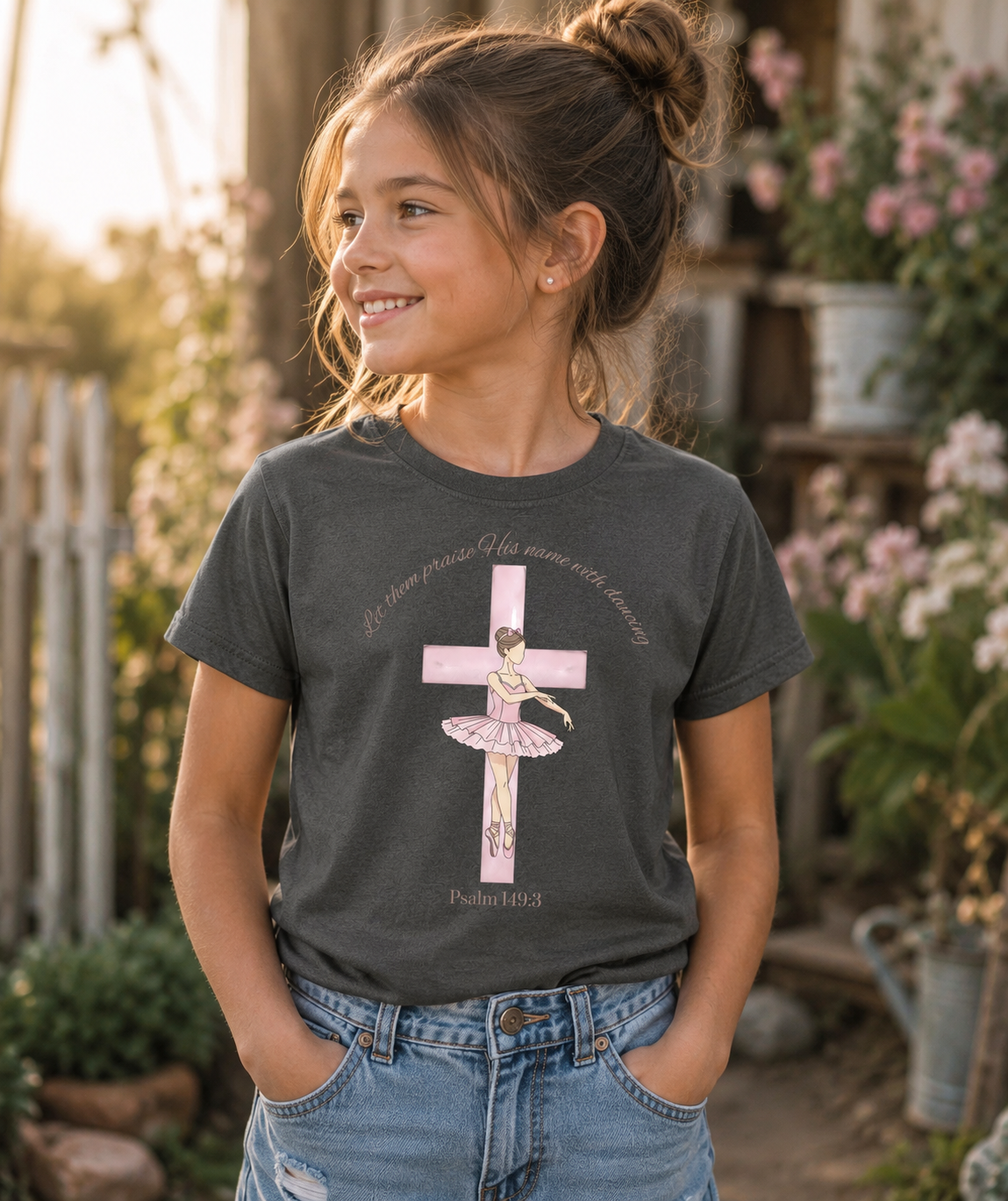 Let Them Praise His Name Girls Christian T-Shirt | Ballet & Cross Faith Tee | 100% Cotton
