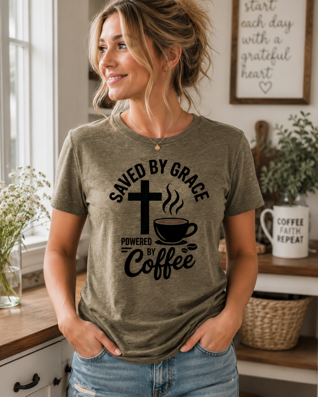 Saved by Grace. Powered by Coffee. Women's Christian T-Shirt