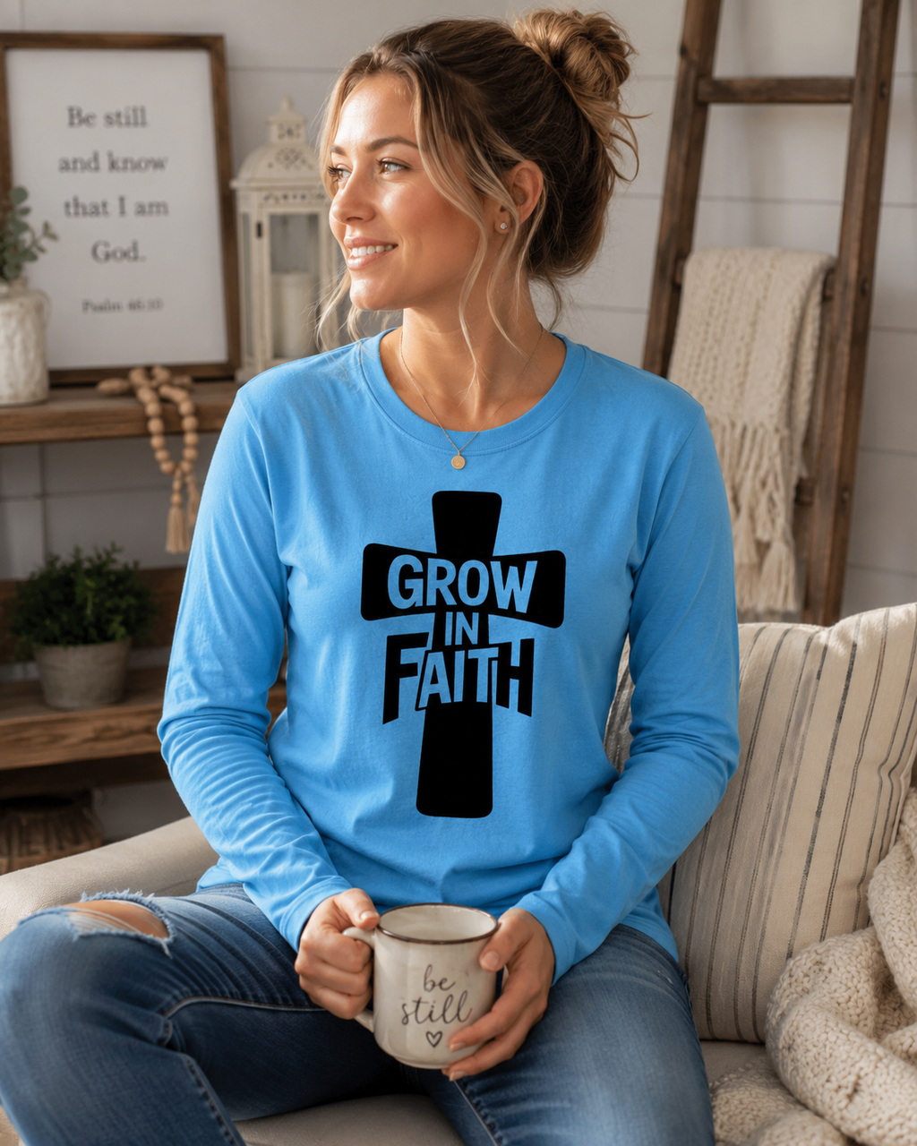 Grow in Faith Women's Long Sleeve Tee | Christian Graphic Shirt | Inspirational Cross Shirt | Faith-Based Gift