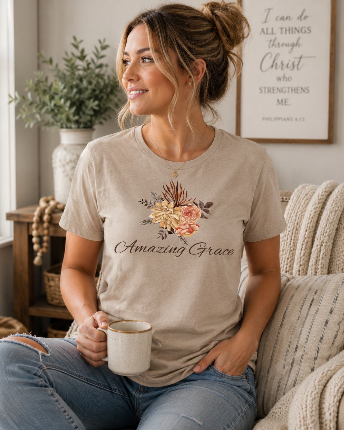 Amazing Grace Women's Christian T-Shirt | Floral Faith Graphic Tee | 100% Cotton