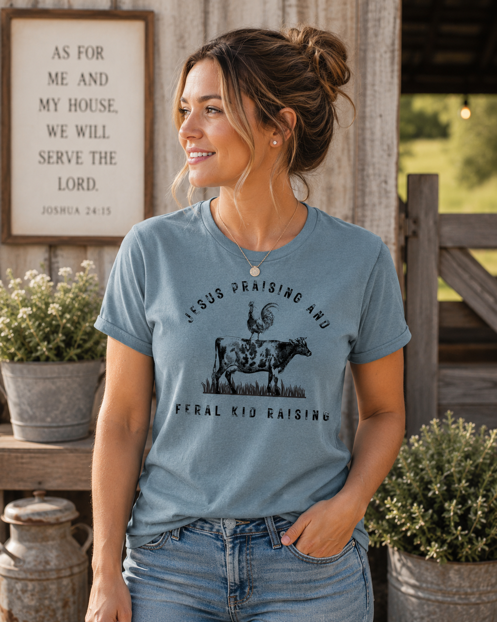 Jesus Praising & Feral Kid Raising Women's T-Shirt | Farmhouse Christian Graphic Tee | 100% Cotton