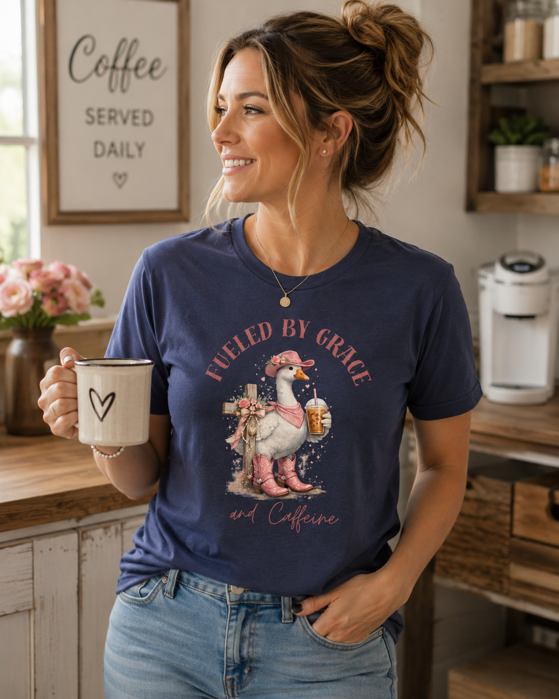 Fueled by Grace & Caffeine Women's Graphic Tee | Christian Goose Shirt | Soft 100% Cotton Tee