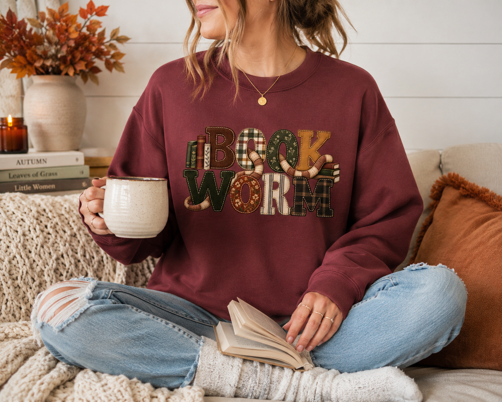 Book Worm Women's Crewneck Sweatshirt | Vintage Patchwork Appliqué | Cozy Book Lover Pullover | Fall Reading Sweatshirt