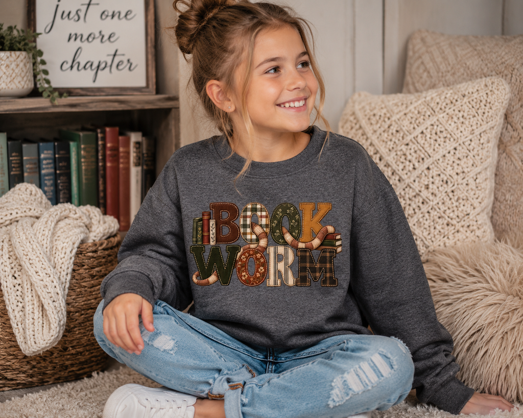 Girls Book Worm Crewneck Sweatshirt | Vintage Patchwork Appliqué | Cozy Book Lover Pullover | Fall Reading Sweatshirt
