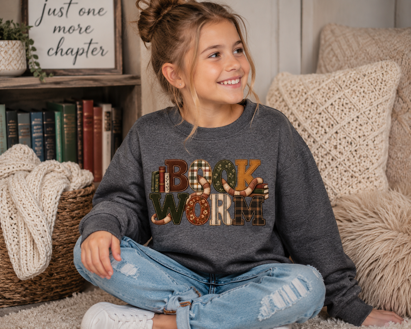 Girls Book Worm Crewneck Sweatshirt | Vintage Patchwork Appliqué | Cozy Book Lover Pullover | Fall Reading Sweatshirt