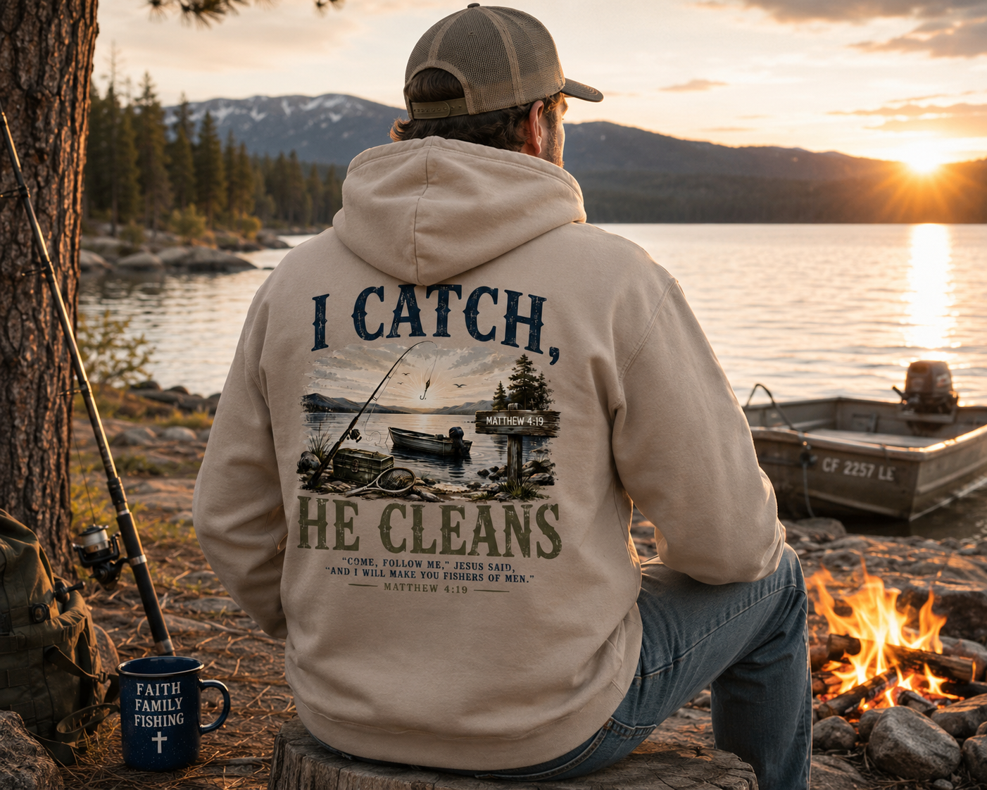 I Can Catch, He Cleans Men’s Christian Fishing Hoodie | Matthew 4:19 | Faith-Based Outdoor Sweatshirt