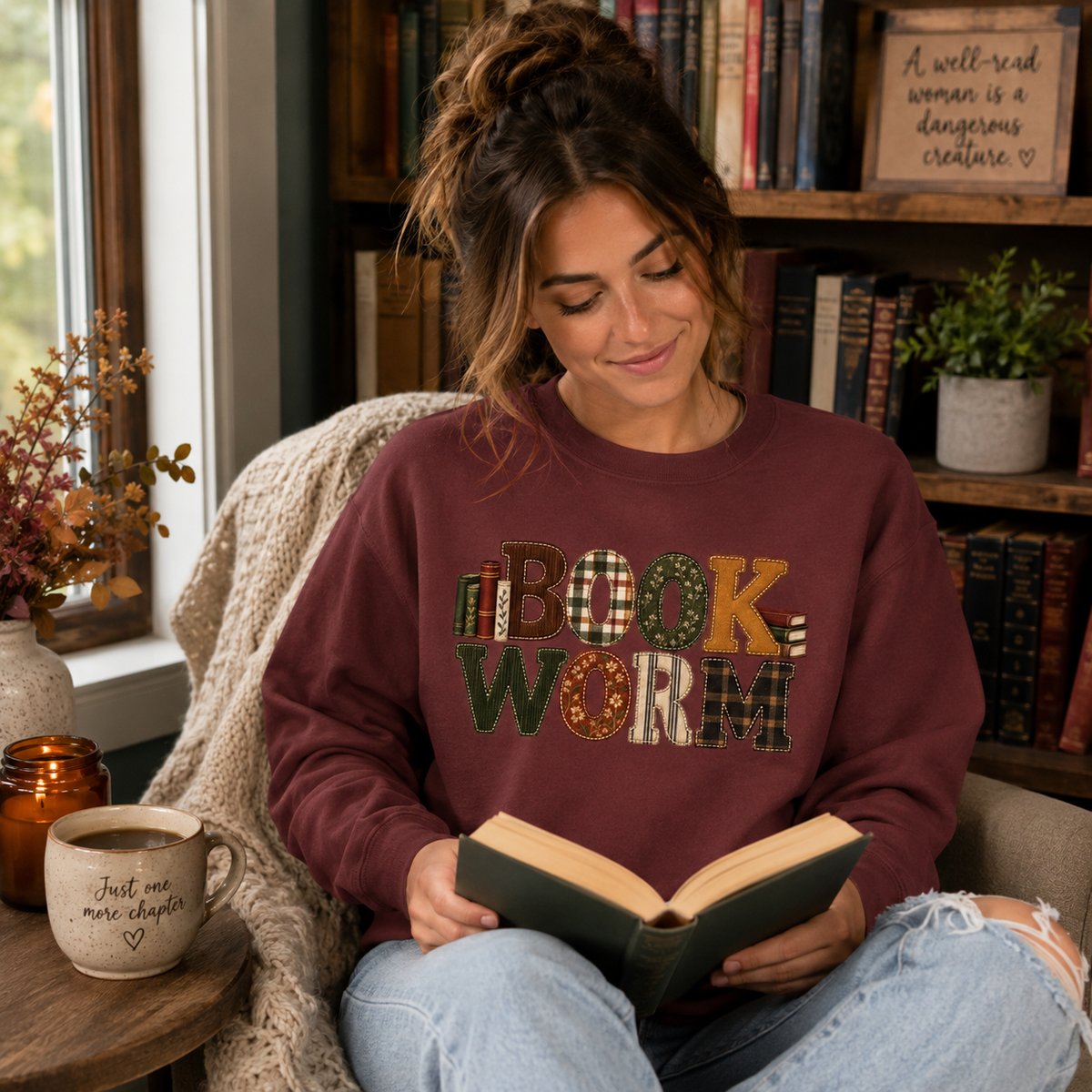 Book Worm Women's Crewneck Sweatshirt | Vintage Patchwork Appliqué | Cozy Book Lover Pullover | Fall Reading Sweatshirt