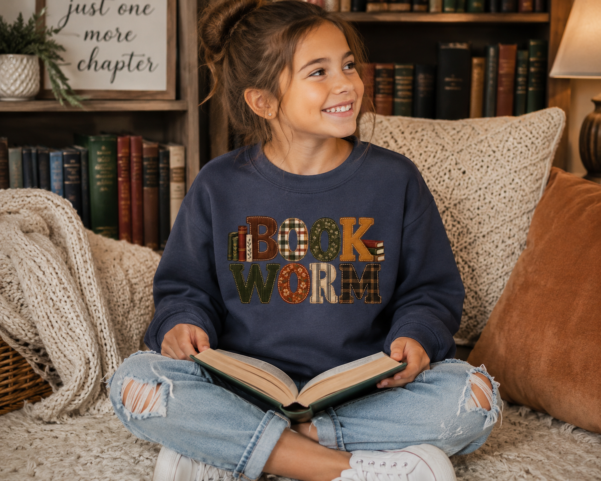 Girls Book Worm Crewneck Sweatshirt | Vintage Patchwork Appliqué | Cozy Book Lover Pullover | Fall Reading Sweatshirt